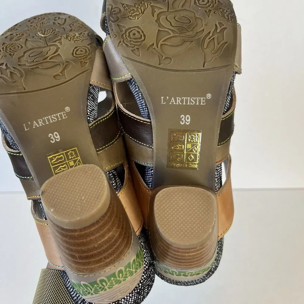 L’Artiste By Springstep Pita Leather Sandals Slip On Artsy Black Multi Sz 8.5/39 - Picture 14 of 14